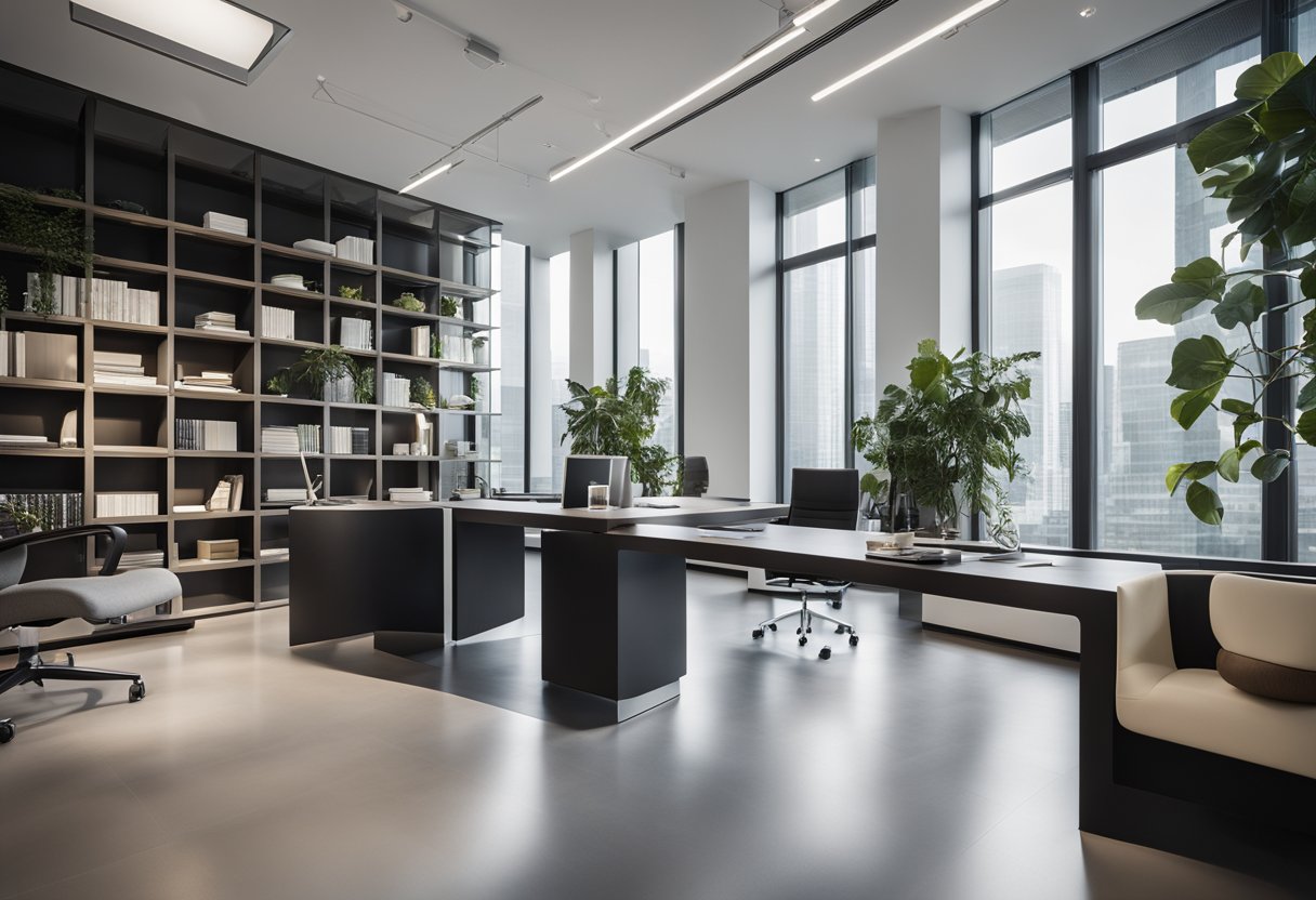 A sleek, modern CEO office with a spacious desk, ergonomic chair, and minimalist decor. Large windows let in natural light, while a bookshelf and artwork add a touch of sophistication