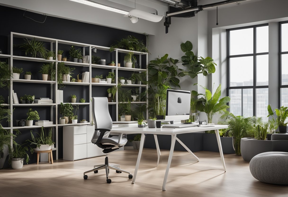 A modern studio office with sleek furniture, large windows, and a minimalist color palette. A spacious desk with a computer, ergonomic chair, and plants