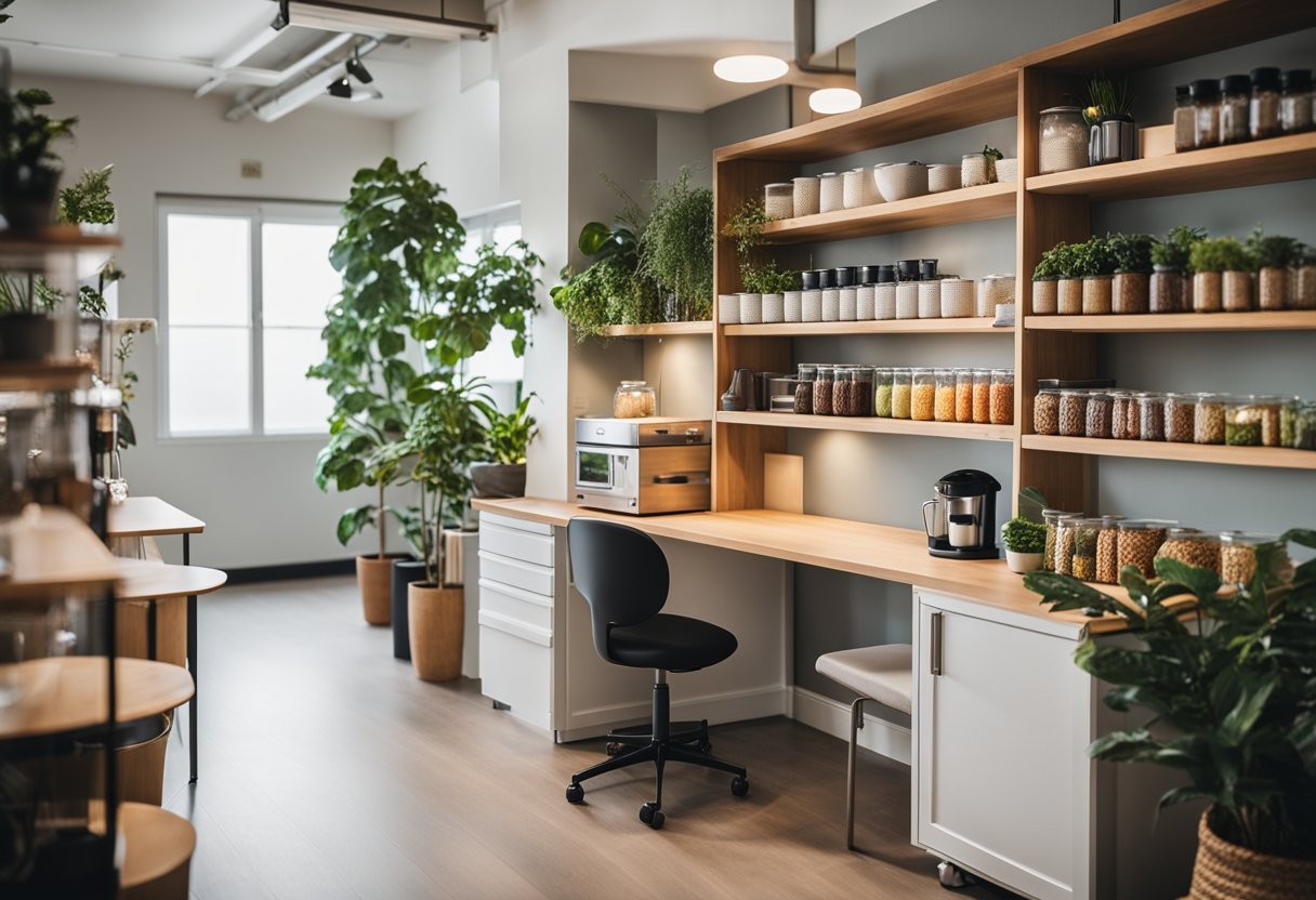 A small office pantry with open shelves, a coffee station, and a mini fridge. A small table with chairs for quick meals. Bright, natural lighting and plants for a cozy atmosphere