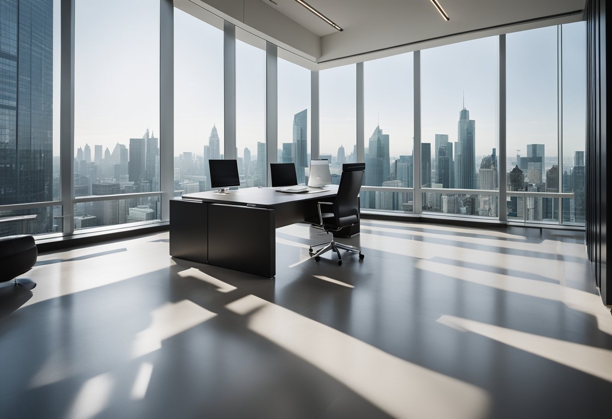 A modern CEO office with sleek furniture, minimalistic design, and a large desk. Natural light floods the room through floor-to-ceiling windows, offering a view of a bustling city skyline