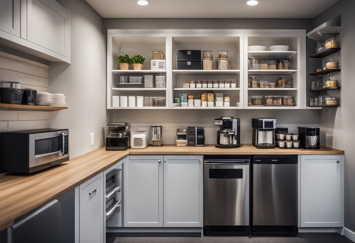 A small office pantry with open shelving, labeled containers, and a coffee station. A compact fridge and microwave are neatly tucked into the corner