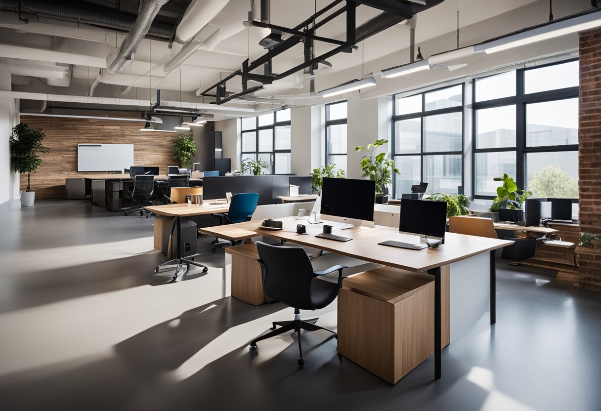 A modern, open-concept studio office with collaborative workspaces, natural light, and vibrant, comfortable furniture. Multiple areas for team meetings, brainstorming, and individual focus work