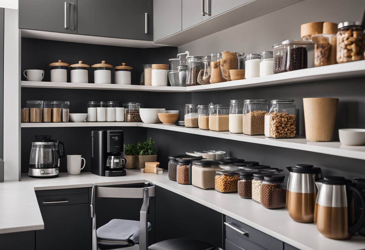 The small office pantry is clean and organized, with shelves displaying various kitchen appliances and neatly arranged snacks. A coffee maker sits on the countertop next to a selection of mugs