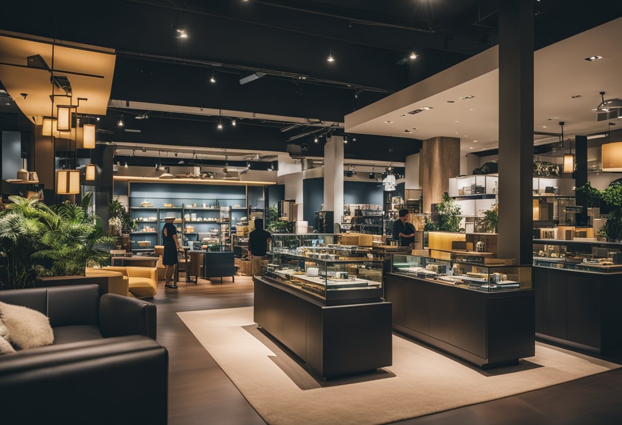 A bustling furniture store in Singapore, filled with modern and traditional pieces, vibrant colors, and busy customers browsing the showroom