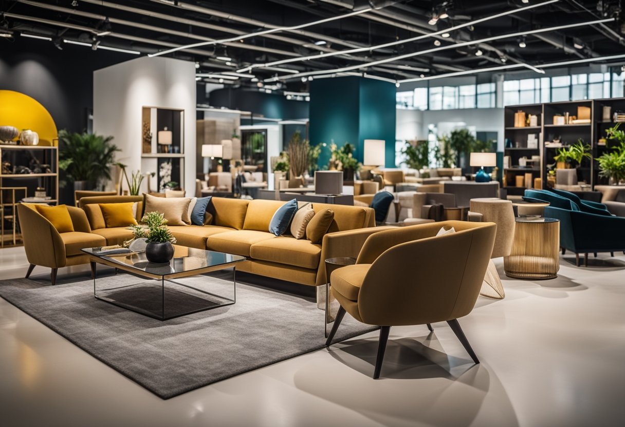 A diverse array of furniture displayed in a spacious showroom, with vibrant colors and modern designs, showcasing the variety available in Singapore's big buy furniture market