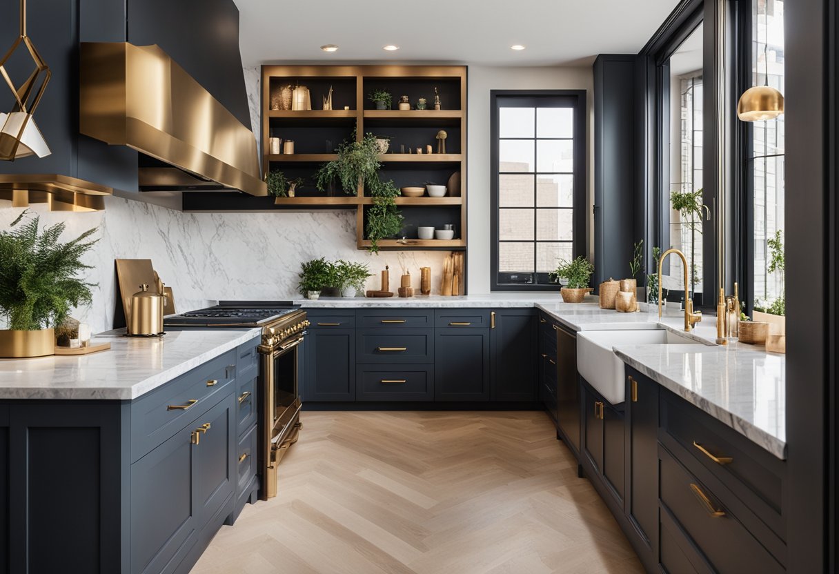 A modern kitchen with open shelving, marble countertops, and brass fixtures. A cozy living room with a statement fireplace and large windows