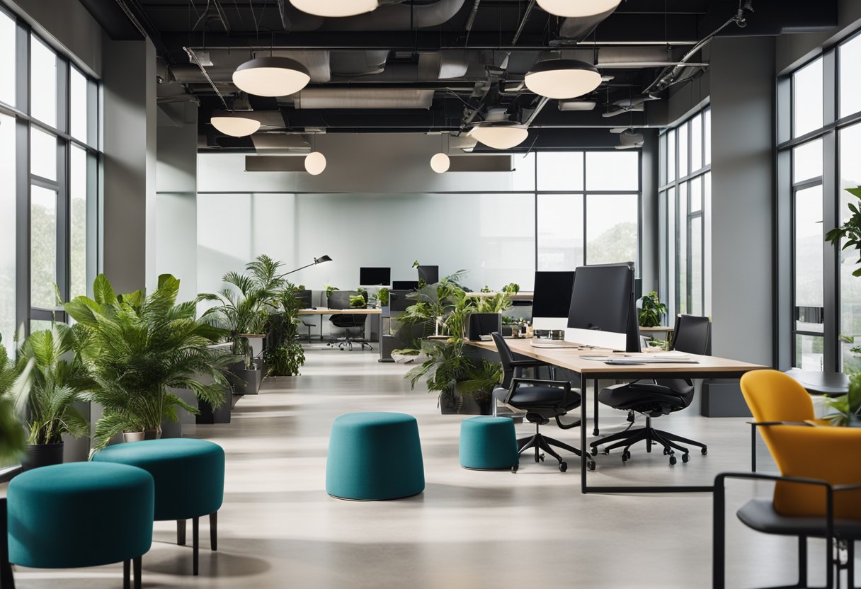 A modern, open-concept office with sleek furniture, natural light, and vibrant accent colors. Glass partitions separate workspaces, and greenery adds a touch of nature