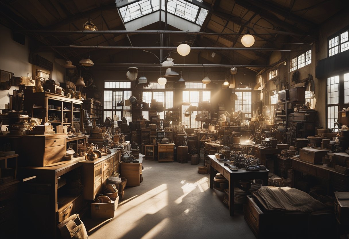 A cluttered warehouse filled with vintage furniture, eclectic decor, and unique knick-knacks. Sunlight streams through dusty windows, casting a warm glow on the treasure trove of Hock Siong's collection