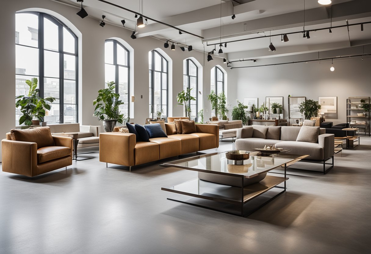 A spacious showroom with rows of stylish furniture, bathed in natural light from large windows. Various pieces are displayed in curated room settings, showcasing their functionality and design