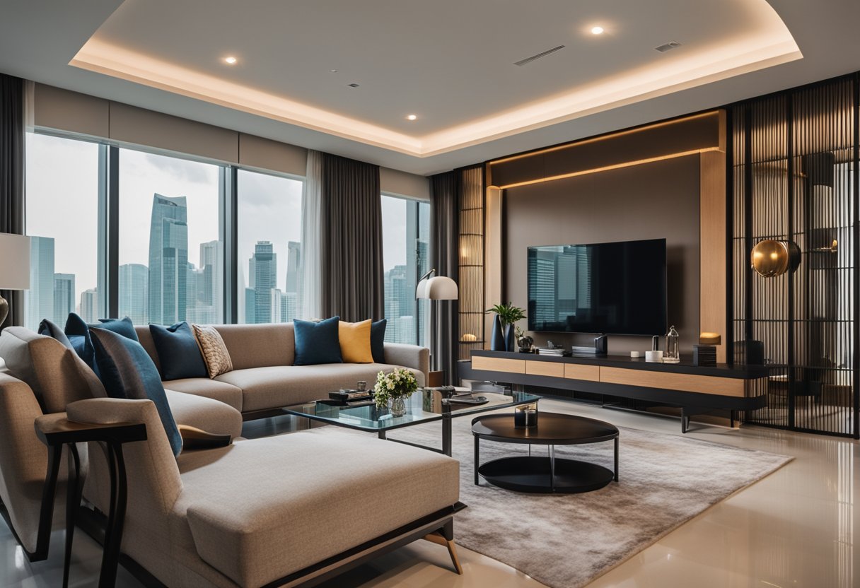 A modern living room with iconic furniture in Singapore. A sleek sofa, designer chairs, and a statement coffee table create a stylish and sophisticated ambiance