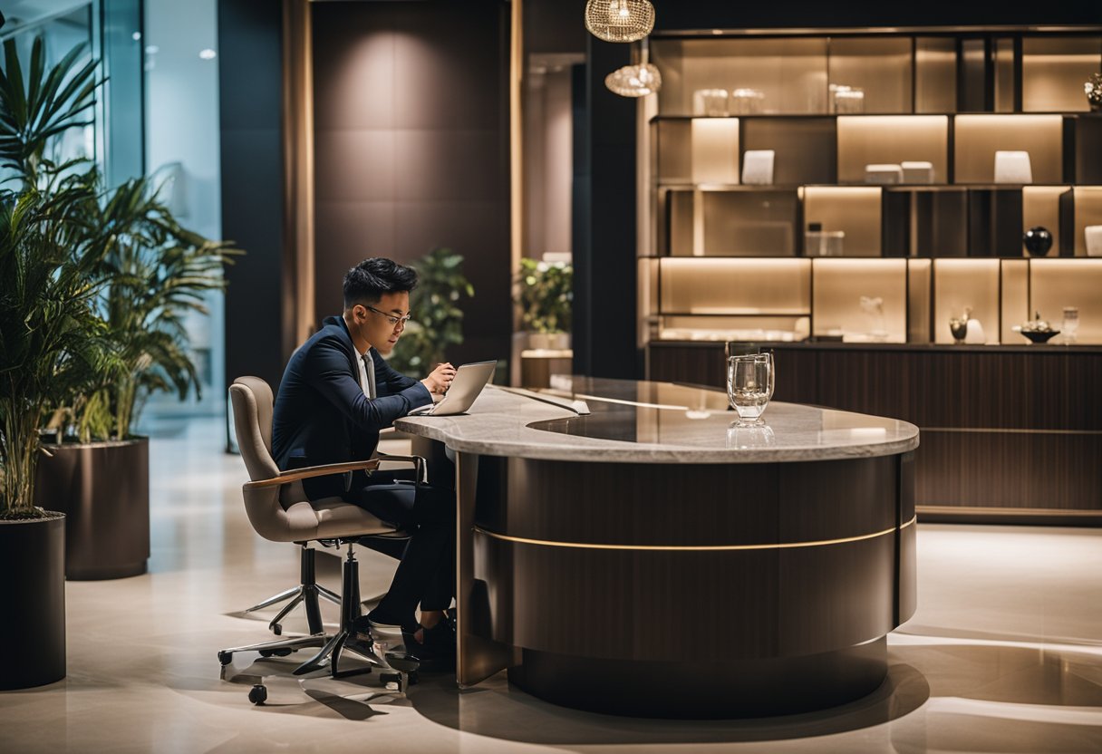 A designer examines modern hotel furniture in a showroom in Singapore