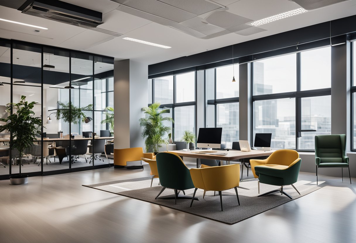 A modern, open-concept office space with sleek, minimalist furniture and vibrant accent colors. Large windows provide natural light, and a cozy lounge area encourages collaboration and creativity