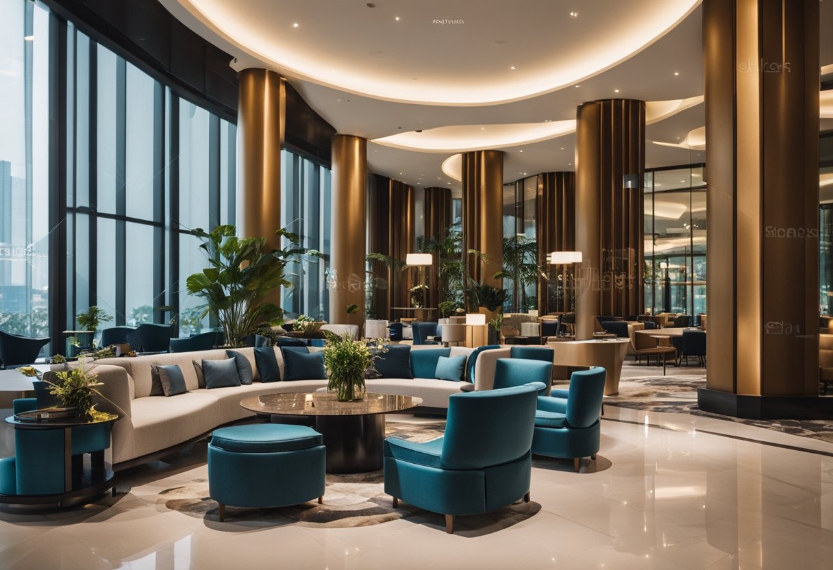 A hotel lobby with modern furniture for sale in Singapore. Displayed items include chairs, tables, and sofas. Bright lighting and a clean, spacious layout