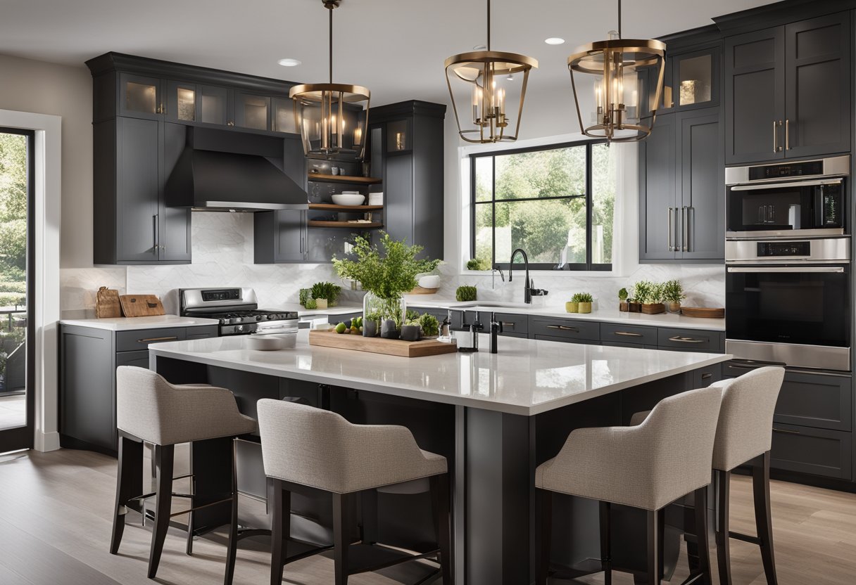 An open-concept kitchen with smart appliances, adjustable countertops, and wheelchair-accessible features. Smart lighting and voice-activated controls throughout the home