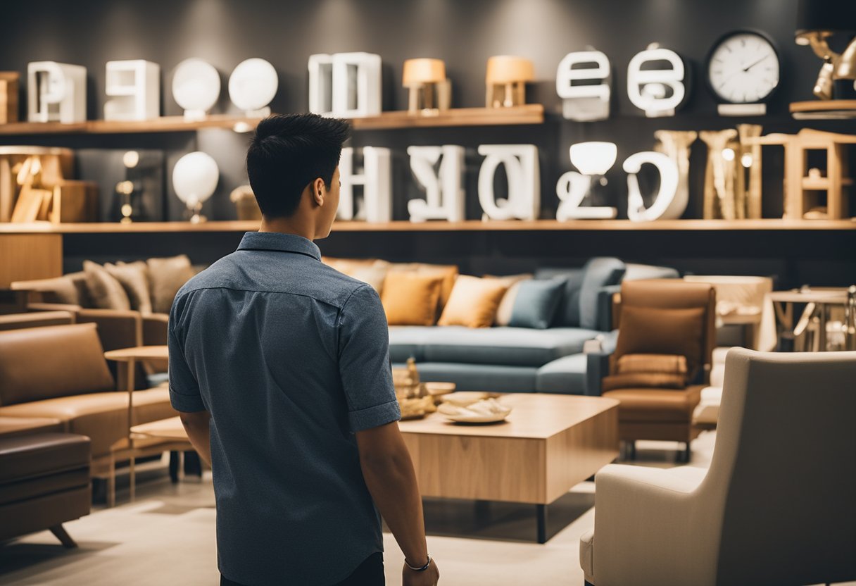 A customer browsing through a wide selection of furniture at a big buy furniture store in Singapore, with a "Frequently Asked Questions" sign prominently displayed