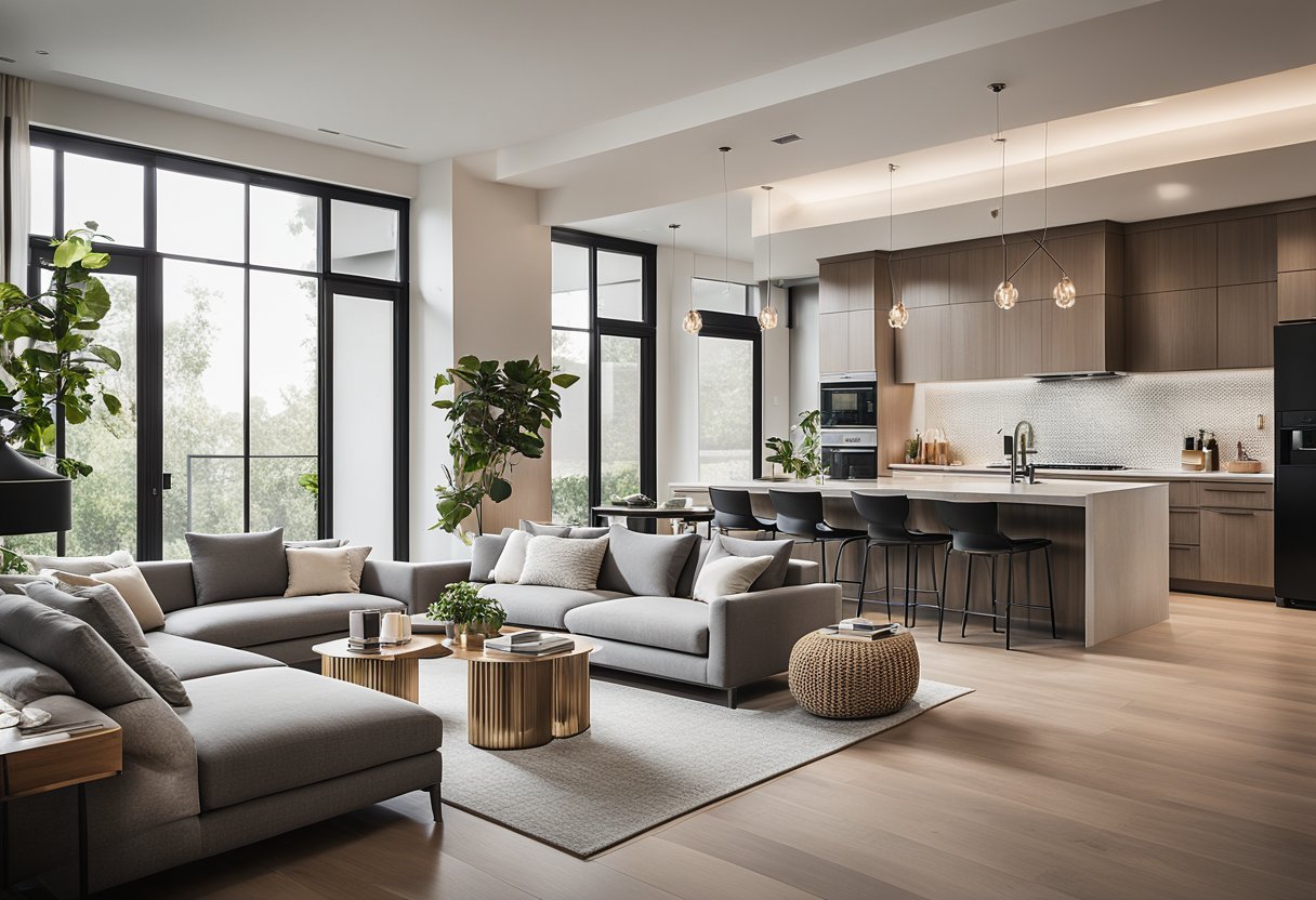 A modern home with sleek design elements, such as open floor plans, minimalist decor, and energy-efficient appliances. Subtle pops of color and natural materials add warmth to the space