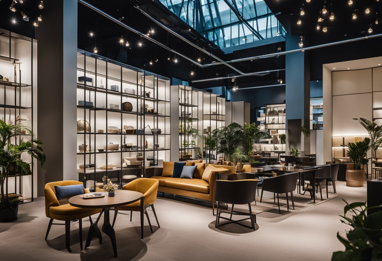 A bustling furniture showroom in Singapore, featuring iconic designs from renowned designers. Bright lights illuminate sleek chairs, tables, and shelves, while customers admire the craftsmanship