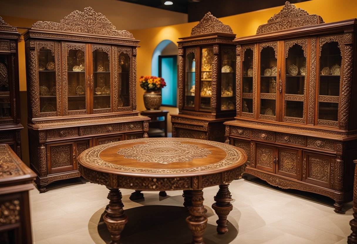 An ornate Indian antique furniture set displayed in a spacious showroom in Singapore. Rich wood, intricate carvings, and vibrant colors catch the eye