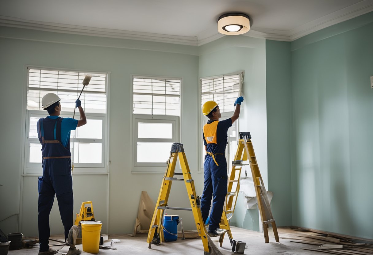 A Singaporean home undergoes renovation, with workers painting walls and installing new fixtures. The process typically takes several weeks to complete
