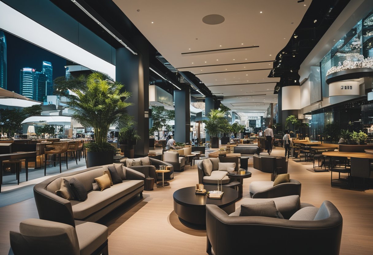 The bustling boulevard in Singapore is lined with modern furniture stores, with sleek displays of sofas, tables, and chairs catching the eye of passersby