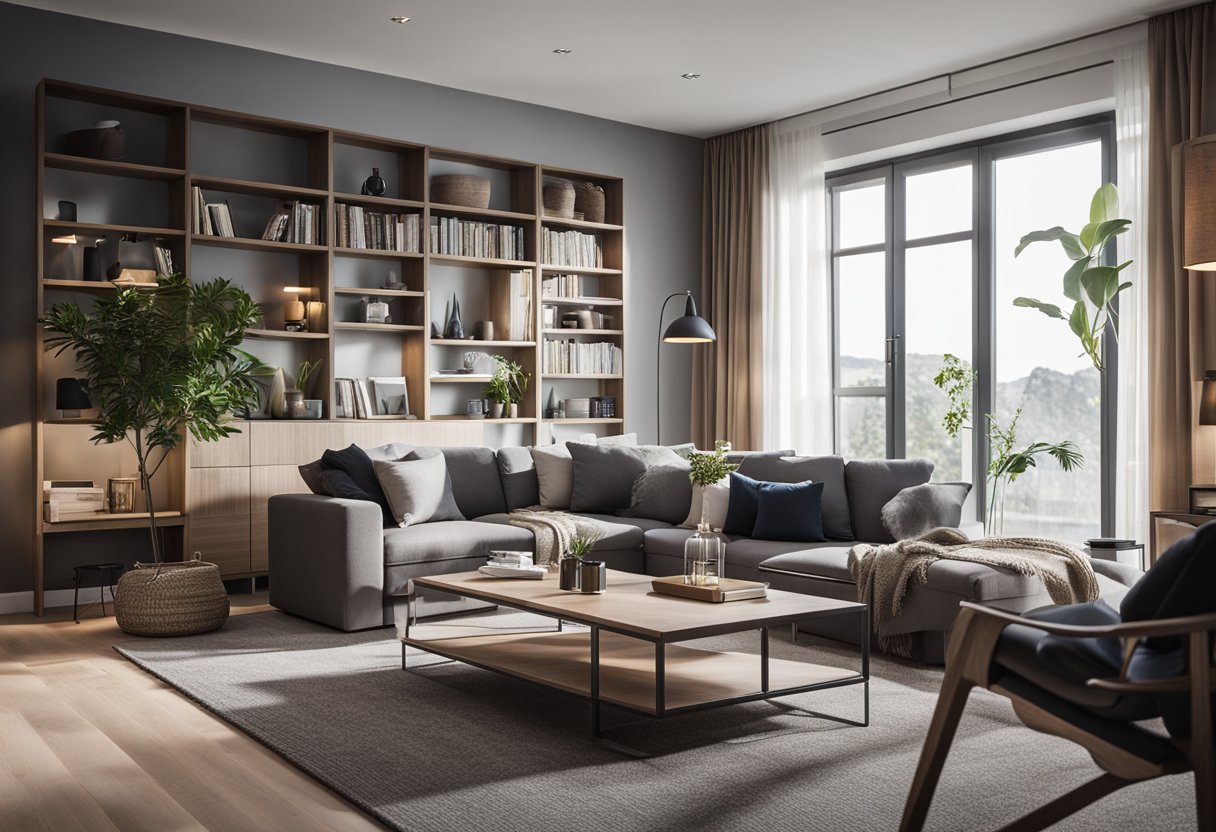 A modern living room with JYSK furniture, featuring a sleek sofa, a stylish coffee table, and a contemporary bookshelf