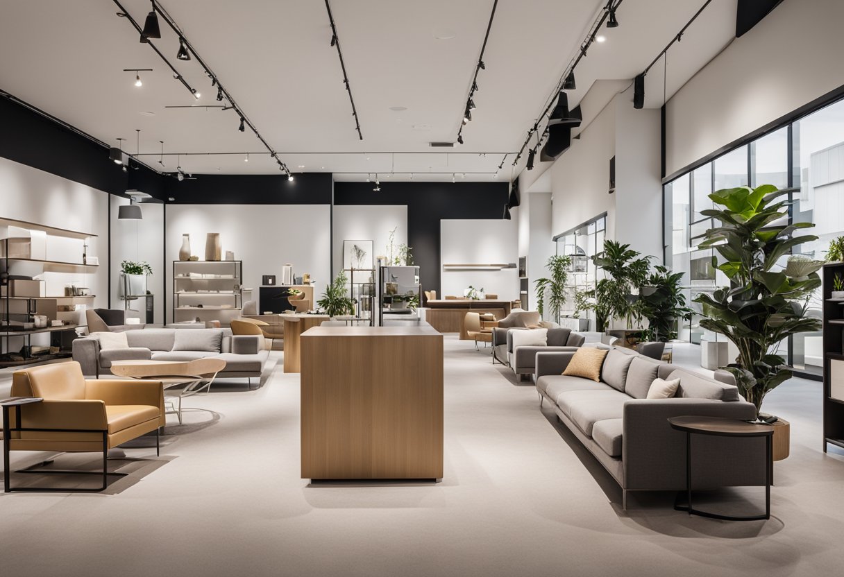 A bright, spacious showroom filled with modern furniture displays. Clean lines, neutral colors, and sleek designs create a minimalist yet inviting atmosphere