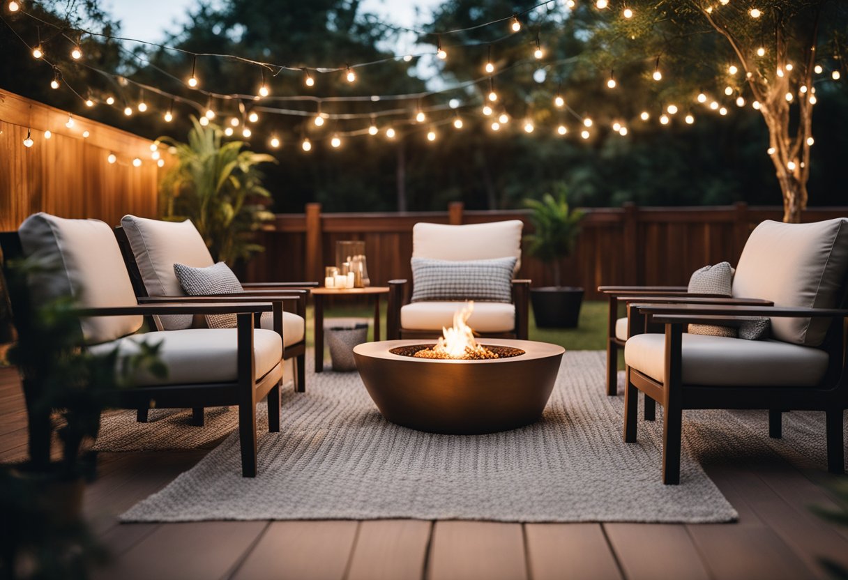 A cozy outdoor oasis with lush greenery, comfortable lounge chairs, and a stylish dining set, all surrounded by twinkling string lights and a cozy fire pit