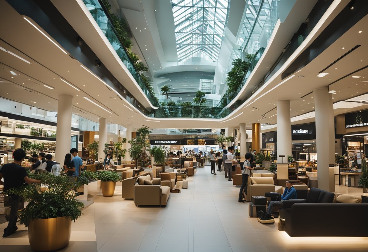 The furniture mall in Singapore bustles with customers seeking information, browsing products, and interacting with staff