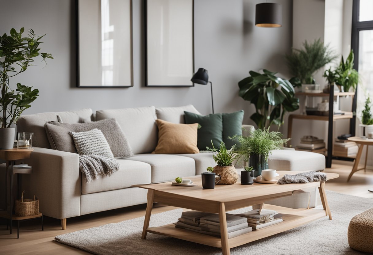 A living room with a JYSK sofa, coffee table, and rug. A bookshelf filled with decor and plants. Soft lighting and cozy atmosphere
