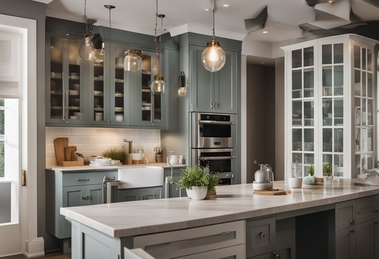 A kitchen and bathroom undergoing renovations with tools, paint, and new fixtures