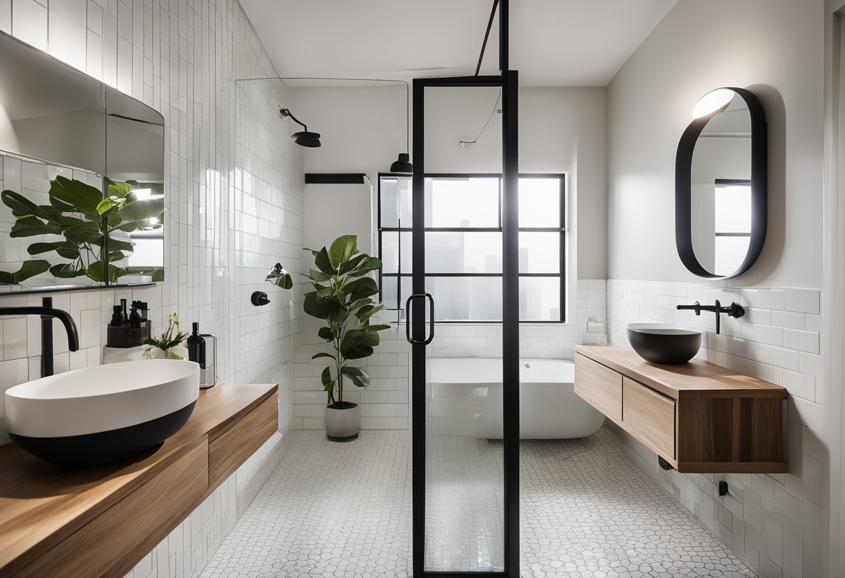 A small bathroom with a modern, minimalist design. White subway tiles, a sleek vanity, and a glass-enclosed shower. A large mirror and ample lighting create a bright, open feel
