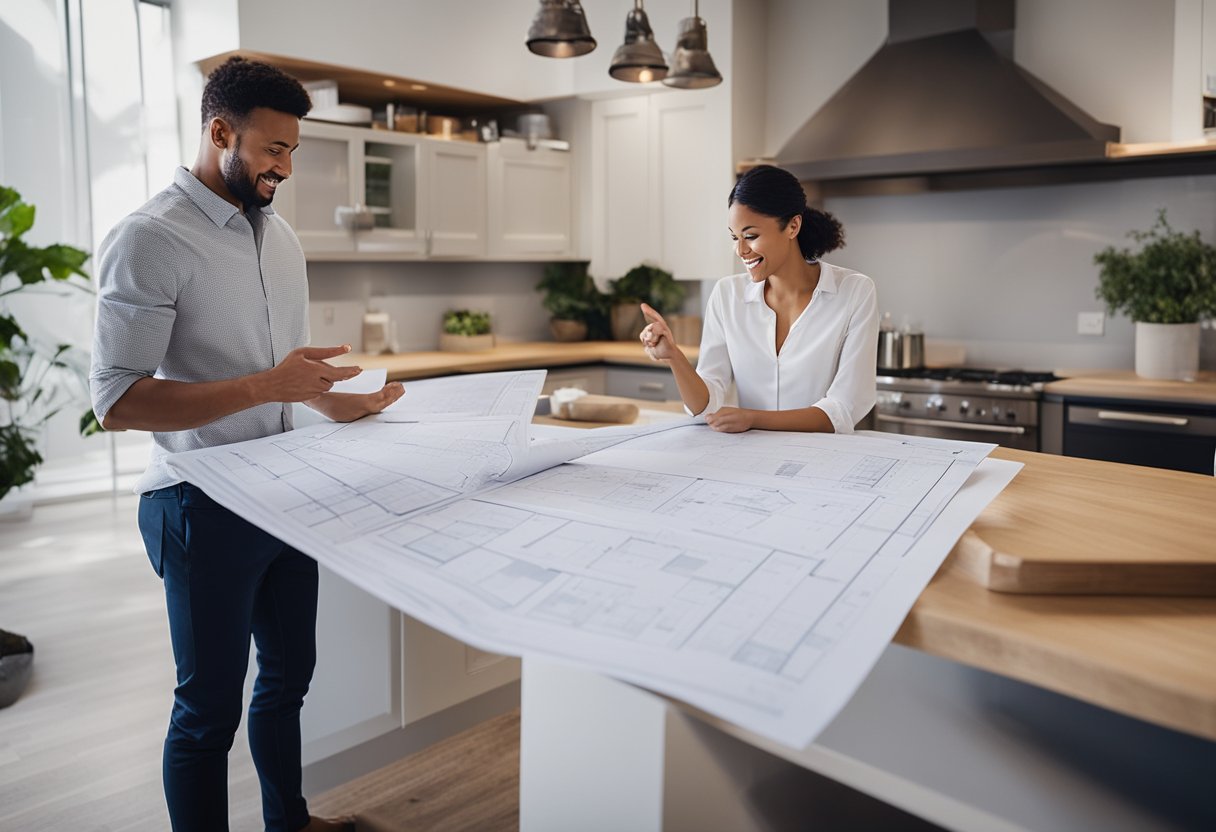 A couple discusses kitchen and bathroom renovation plans, pointing to design ideas and materials. Blueprints and samples cover the table