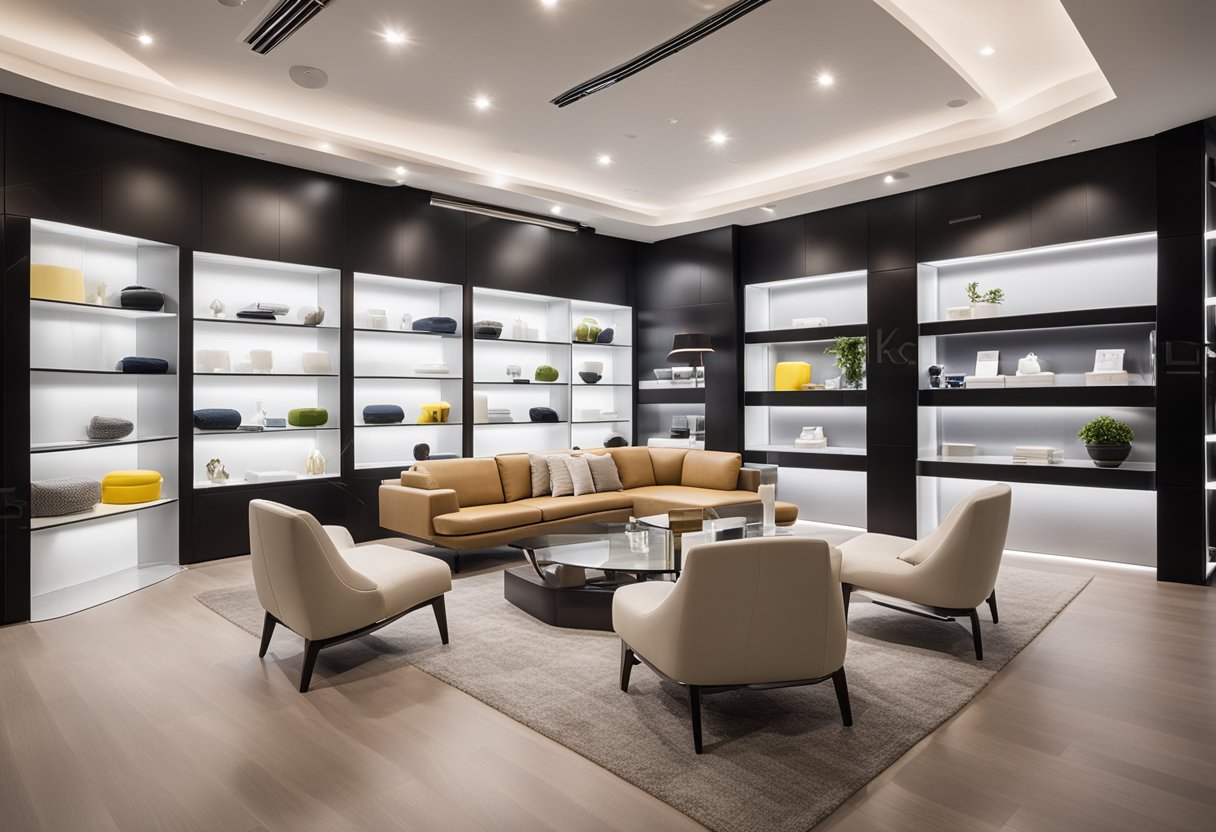 A modern showroom with sleek furniture displays and a prominent "Lilian Furniture" logo. Bright lighting and clean lines create an inviting atmosphere