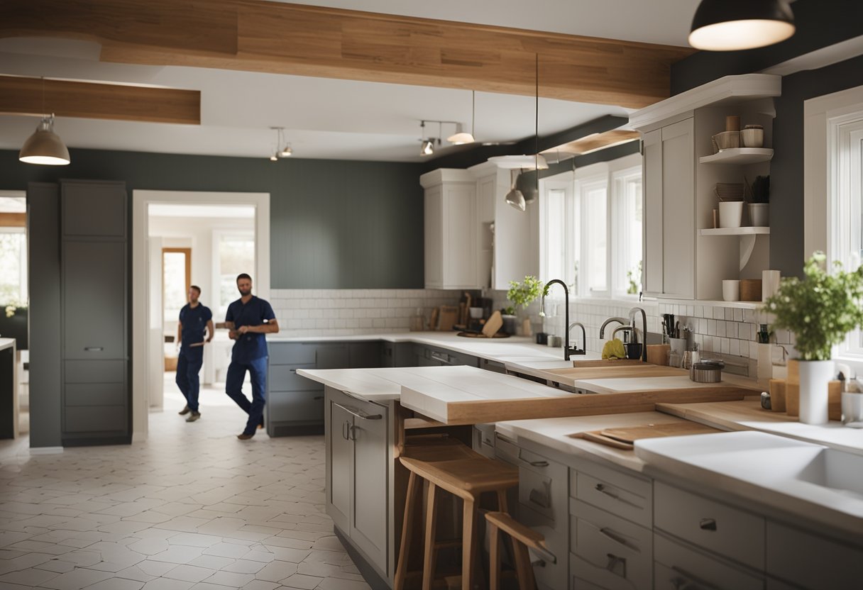 A team renovates a kitchen and bathroom, with tools and materials scattered around the room. Cabinets are being installed, and tiles are being laid