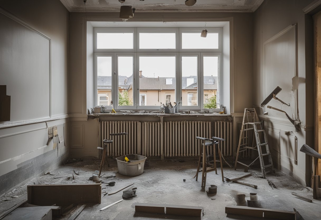 A maisonette undergoing renovation: walls stripped, floors exposed, tools scattered, and workers busy with paint and construction
