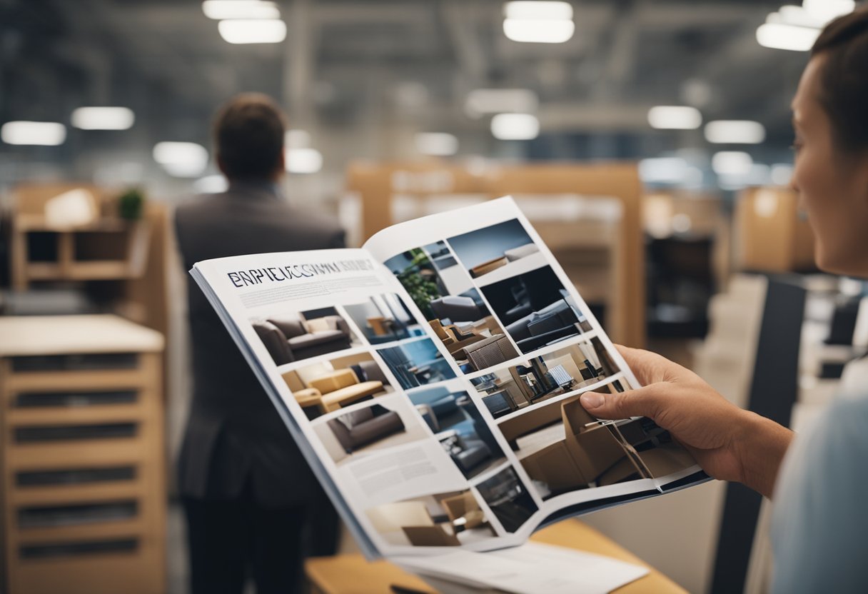 A customer browsing through a catalog of furniture, with a helpful sales associate nearby to answer any questions