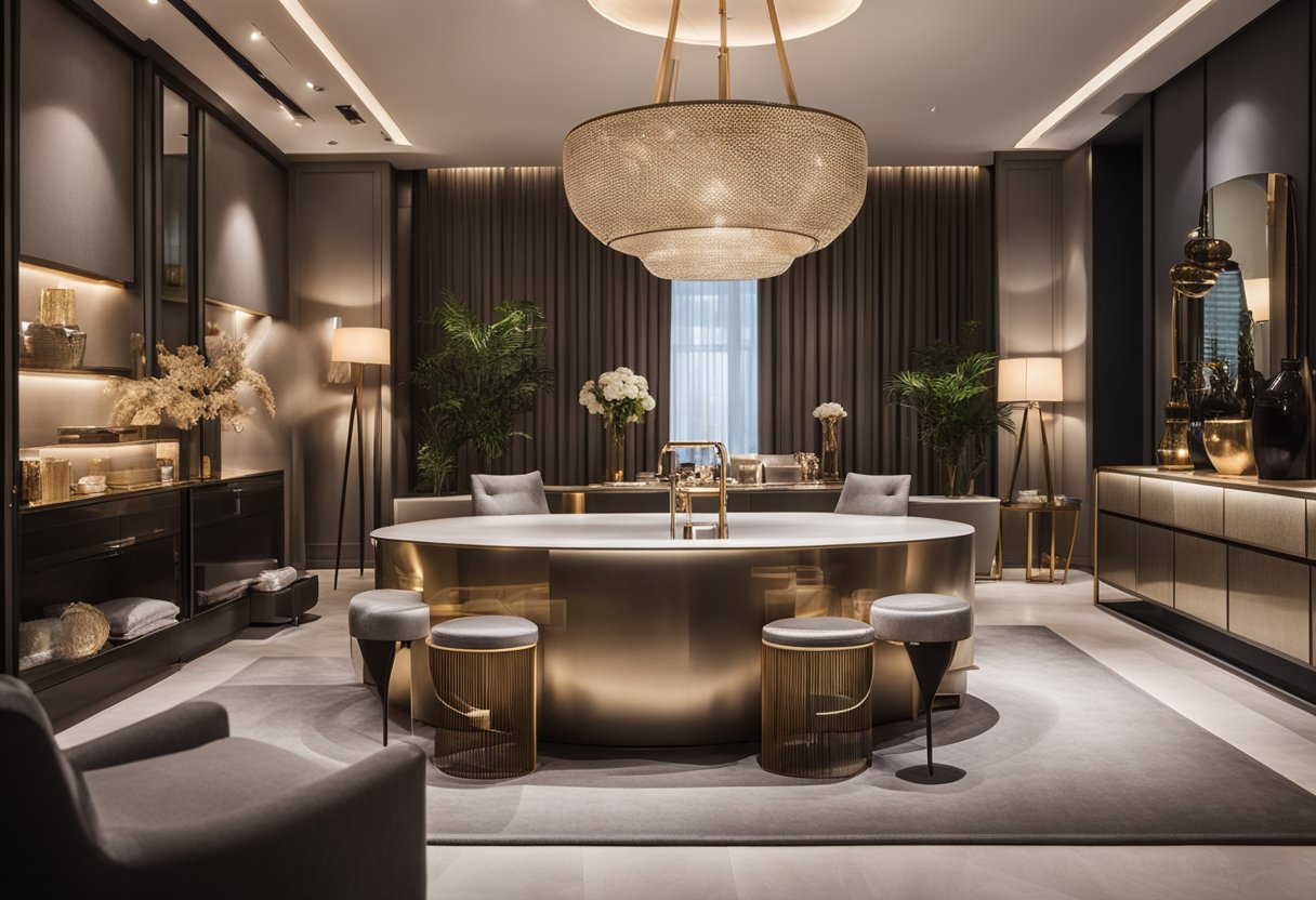 The showroom is filled with elegant furniture, bathed in warm lighting. The sleek lines and luxurious fabrics create a sophisticated and inviting atmosphere
