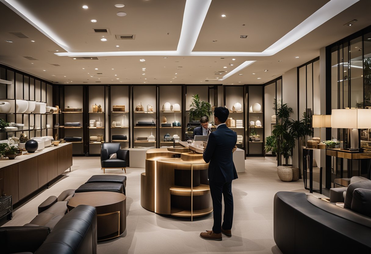 A customer browsing through a showroom of Lorenzo furniture in Singapore, with various pieces on display and a helpful staff member assisting