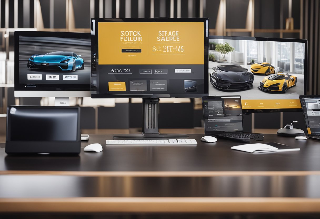 A computer screen displaying a variety of stylish furniture options with discounted prices, surrounded by promotional banners and sale tags