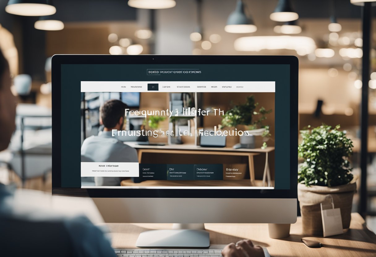 Customers browsing through a variety of affordable furniture options on a computer screen with a "Frequently Asked Questions" section displayed prominently