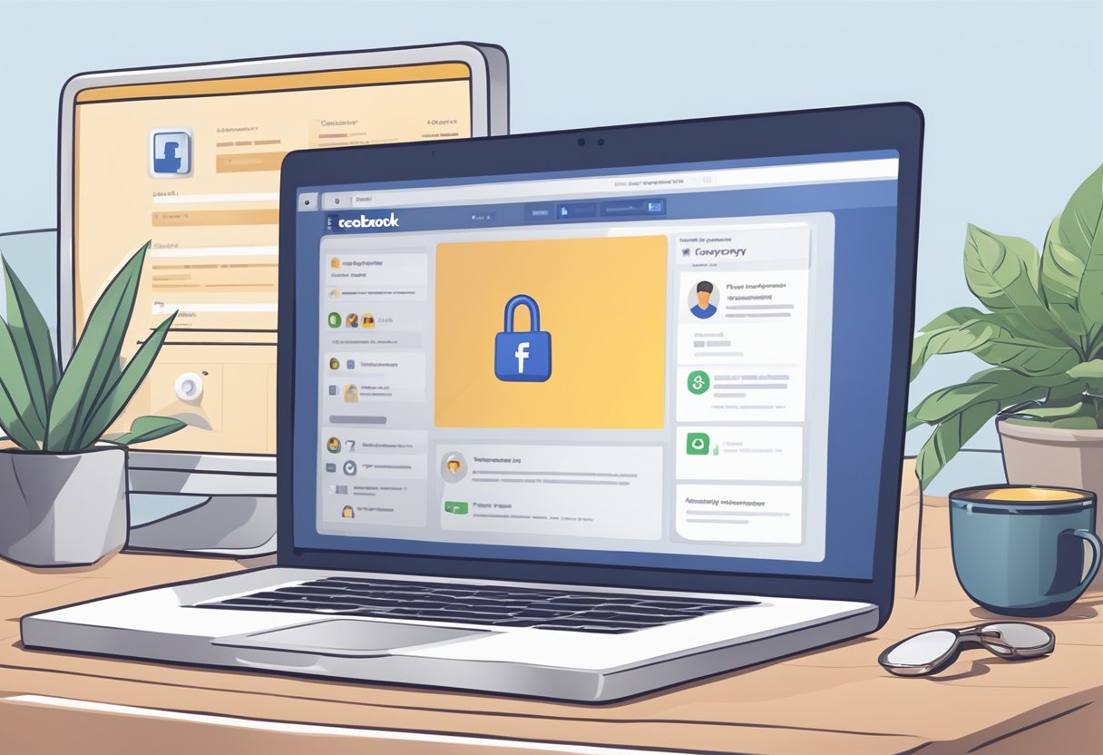 A computer screen displaying Facebook privacy settings with a lock icon, a user profile, and a settings menu