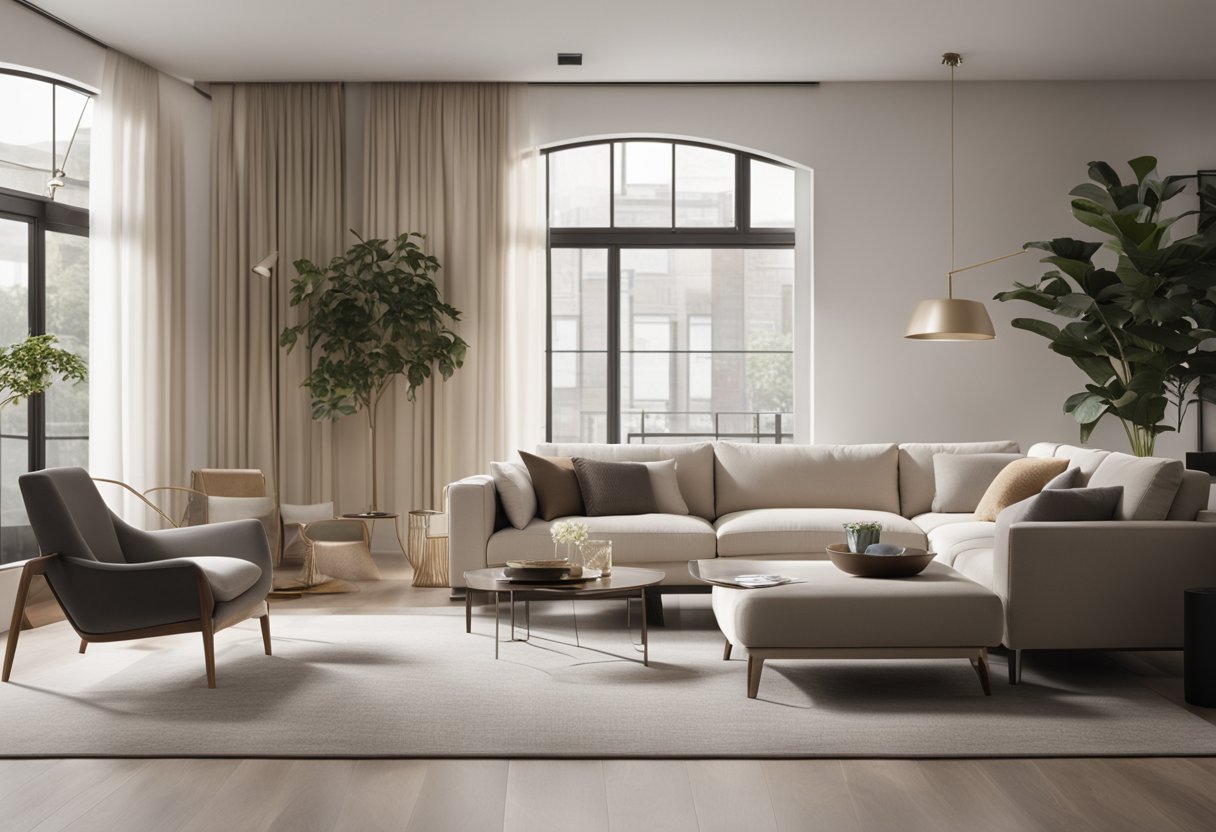 A sleek, minimalist living room with clean lines and neutral colors. A statement piece, like a modern sofa or designer chair, anchors the space