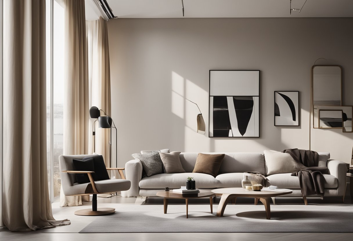 A modern interior with clean lines, neutral colors, and minimalistic furniture. Light streams in through large windows, casting soft shadows on the sleek surfaces