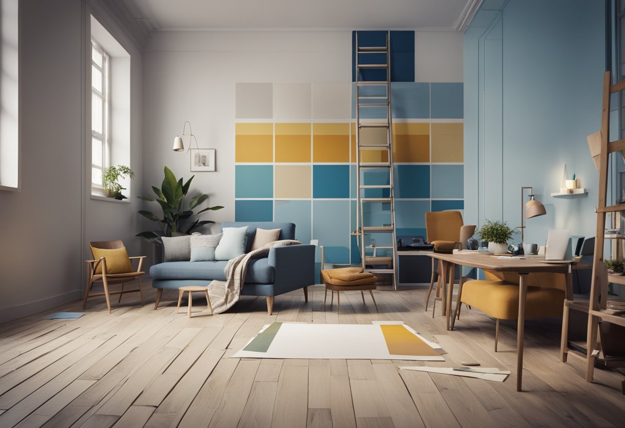 A small studio apartment with furniture pushed to one side. Blueprints and paint swatches scattered on the floor. A ladder leaning against the wall
