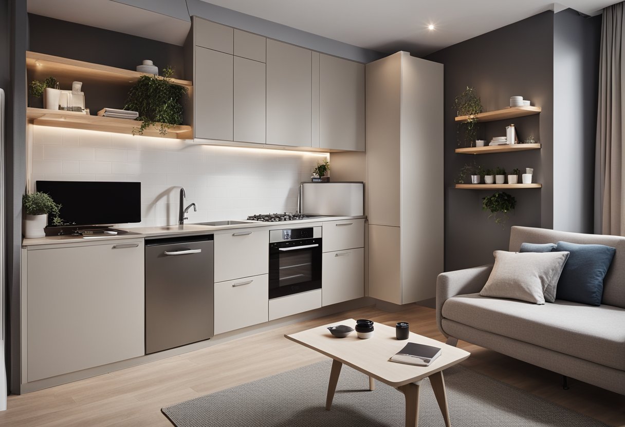 A small studio apartment with modern furniture and a neutral color scheme. A space-saving layout with a fold-out bed and a functional kitchenette