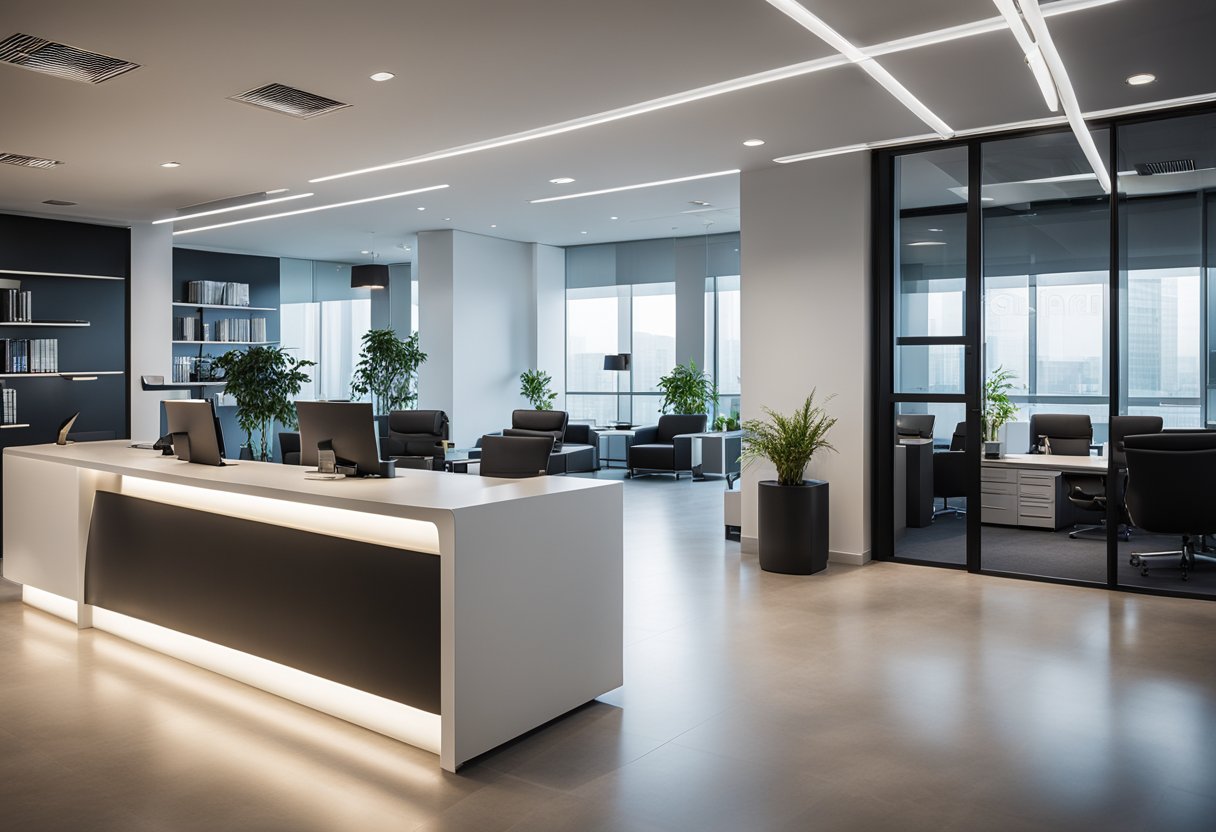 A spacious, modern office interior with sleek furniture and clean lines. A reception area with a polished desk and logo prominently displayed. Bright lighting and a sense of professionalism throughout