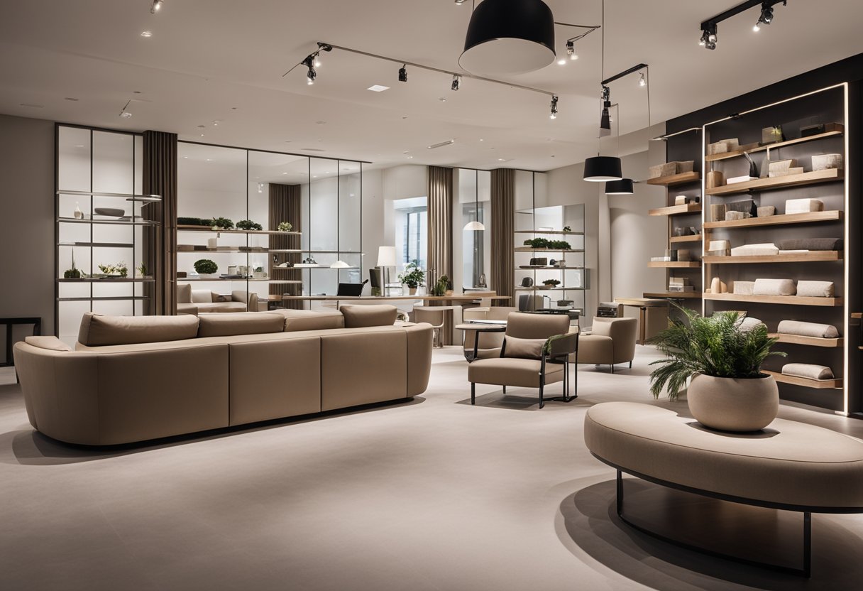 A modern showroom with sleek, minimalist furniture displays. Clean lines, neutral colors, and soft lighting create an inviting atmosphere