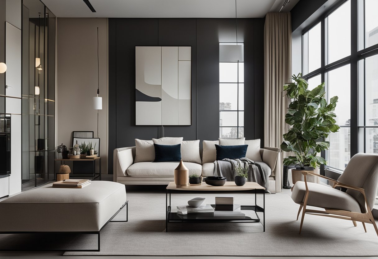 A sleek, minimalist living room with clean lines, neutral colors, and a mix of modern and classic furniture pieces