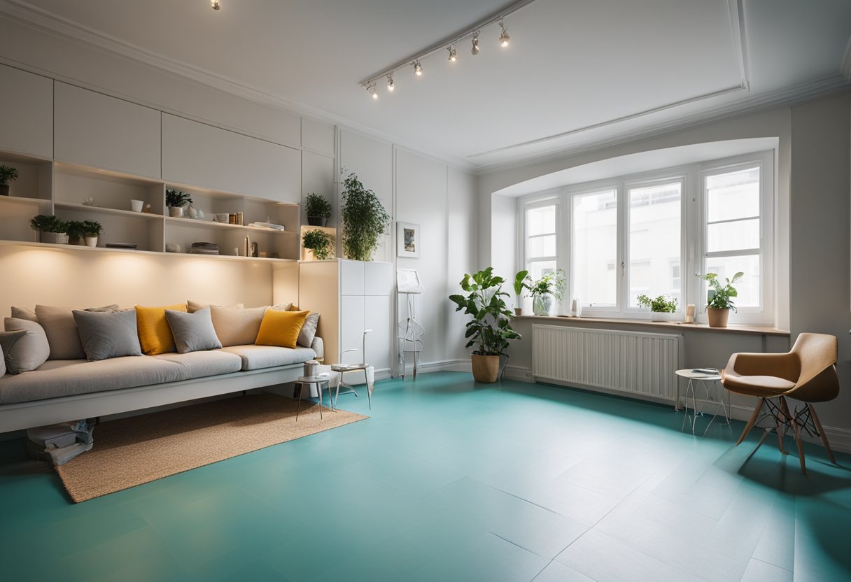 A small studio apartment being renovated with new flooring, fresh paint, and modern fixtures. The space is bright and open, with furniture and decor being rearranged