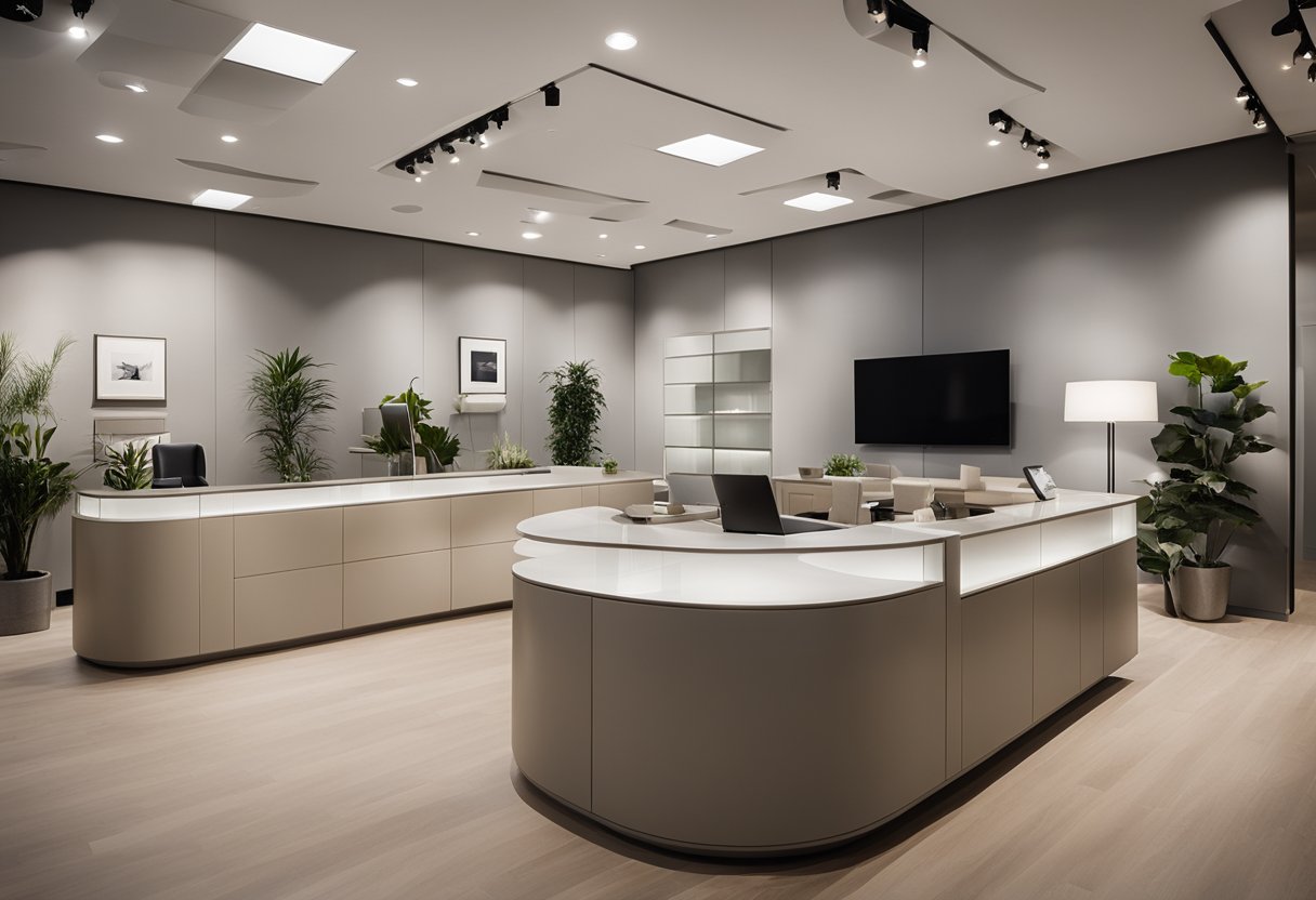 A sleek, minimalist furniture showroom with clean lines and neutral colors. A customer service representative assists a client with a smile